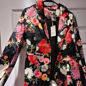 Black Floral Satin Blazer and Matching Pants with Pink and Red Blooms